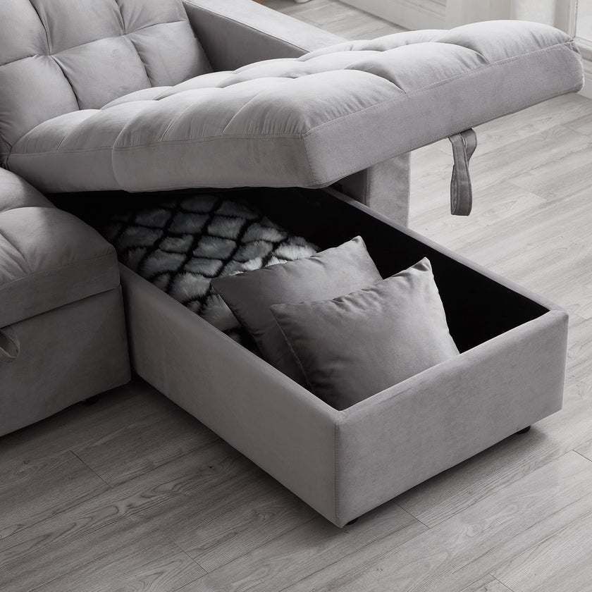 LUXURY PILLOW TOP VELVET SECTIONAL SOFA SLEEPER | REVERSIBLE CHAISE, PULL-OUT BED & STORAGE