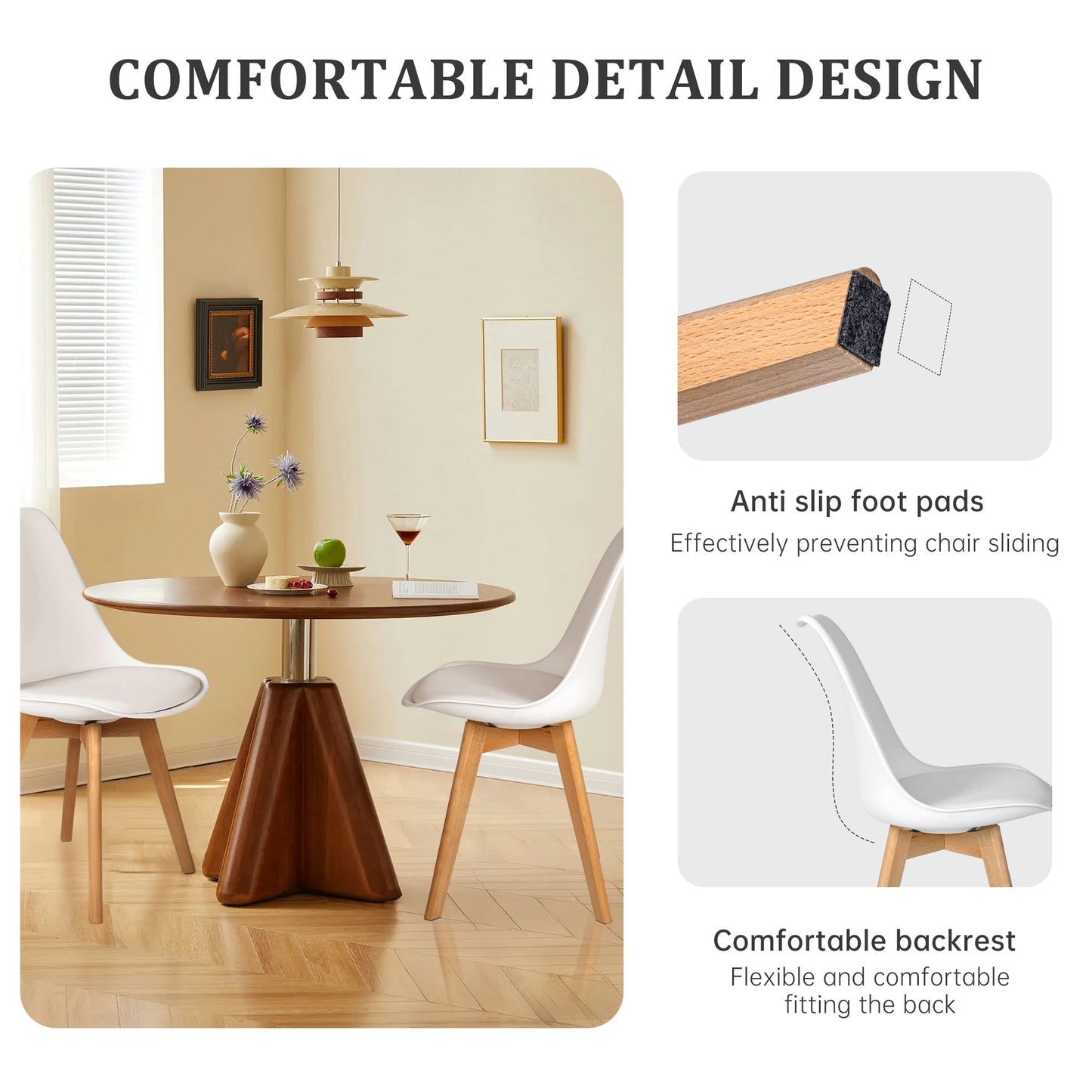 4-Piece Modern White Dining Chair Set – Matte Plastic Seats with Wooden Legs | SKU: AMPVC04