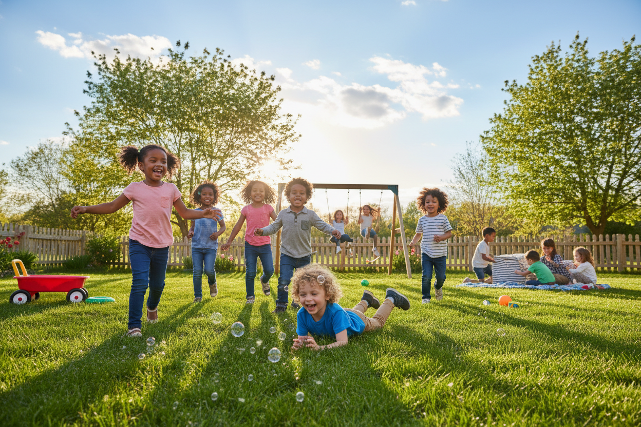 make a banner that childreen playing in the yard