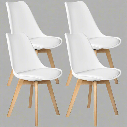 4-Piece Modern White Dining Chair Set – Matte Plastic Seats with Wooden Legs | SKU: AMPVC04